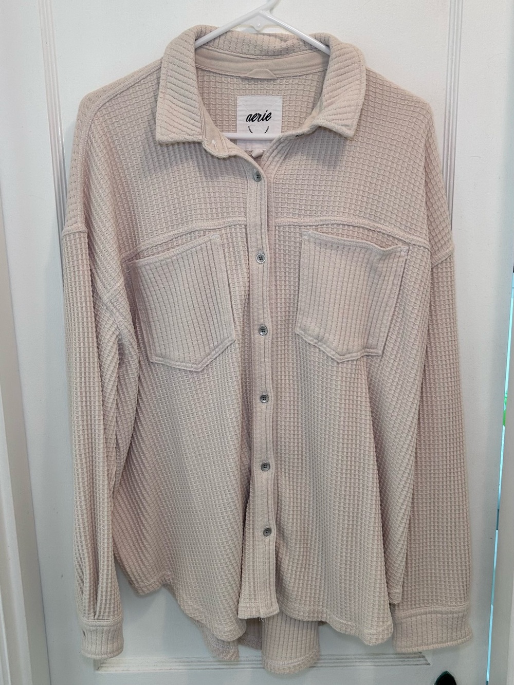 Aerie Beige Waffle Knit Button-Up Collared Long Sleeve Oversized Shirt Women’s L